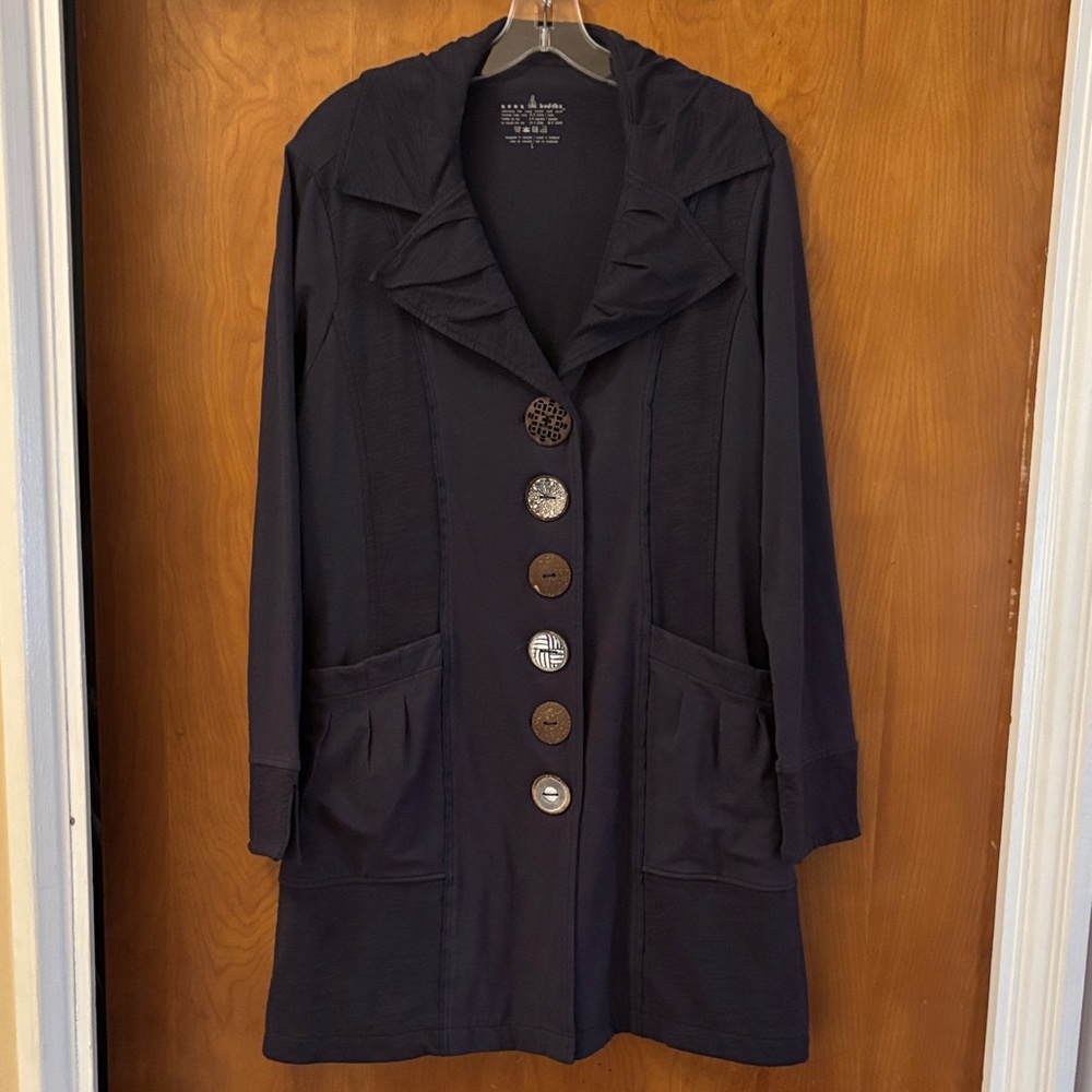Neon Buddha Black Trench Coat with Statement Buttons